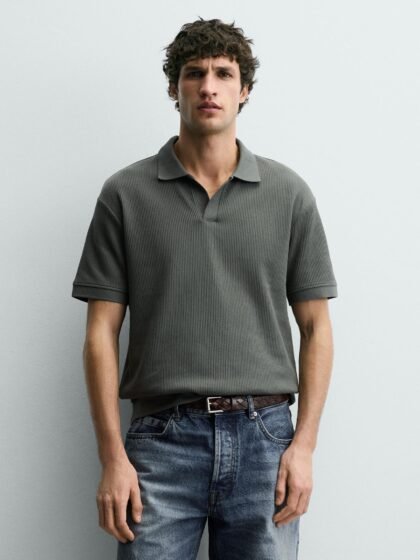 Linen Textured Polo Shirt - Grey