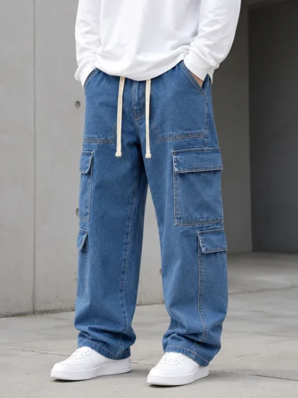 Mens Six Pocket Cargo Jeans - Denim Blue