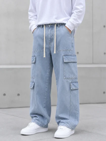 Mens Six Pocket Cargo Jeans - Ice Blue