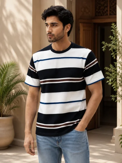 Men's Old Money Style White Green Stripes T-Shirt