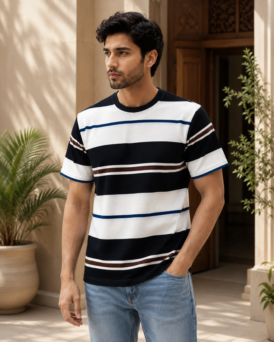 Men's Old Money Style White Green Stripes T-Shirt