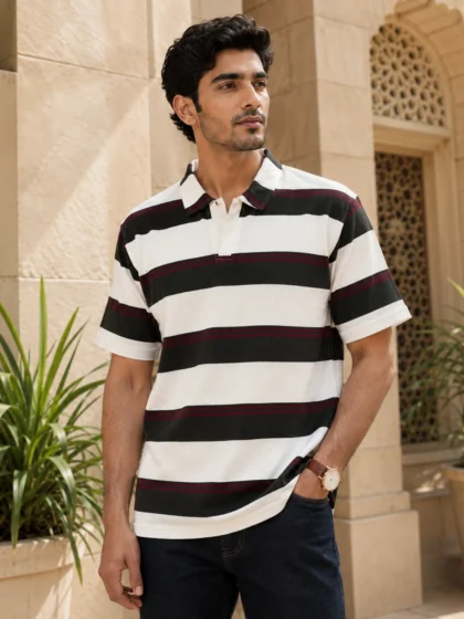 Men's Old Money Style White Green Stripes Polo Shirt