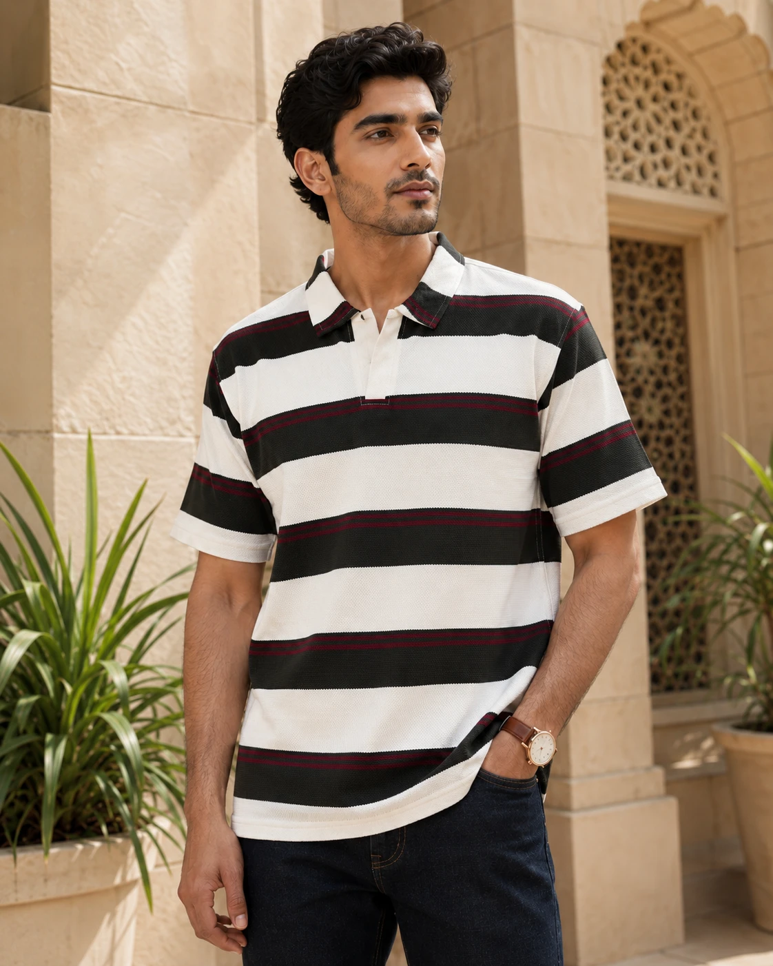 Men's Old Money Style White Green Stripes Polo Shirt